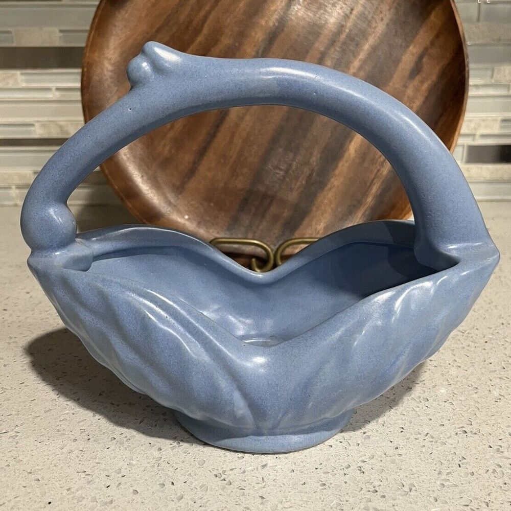 Vintage RumRill Gonder Pottery- Handled Basket  USA Blue Excellent